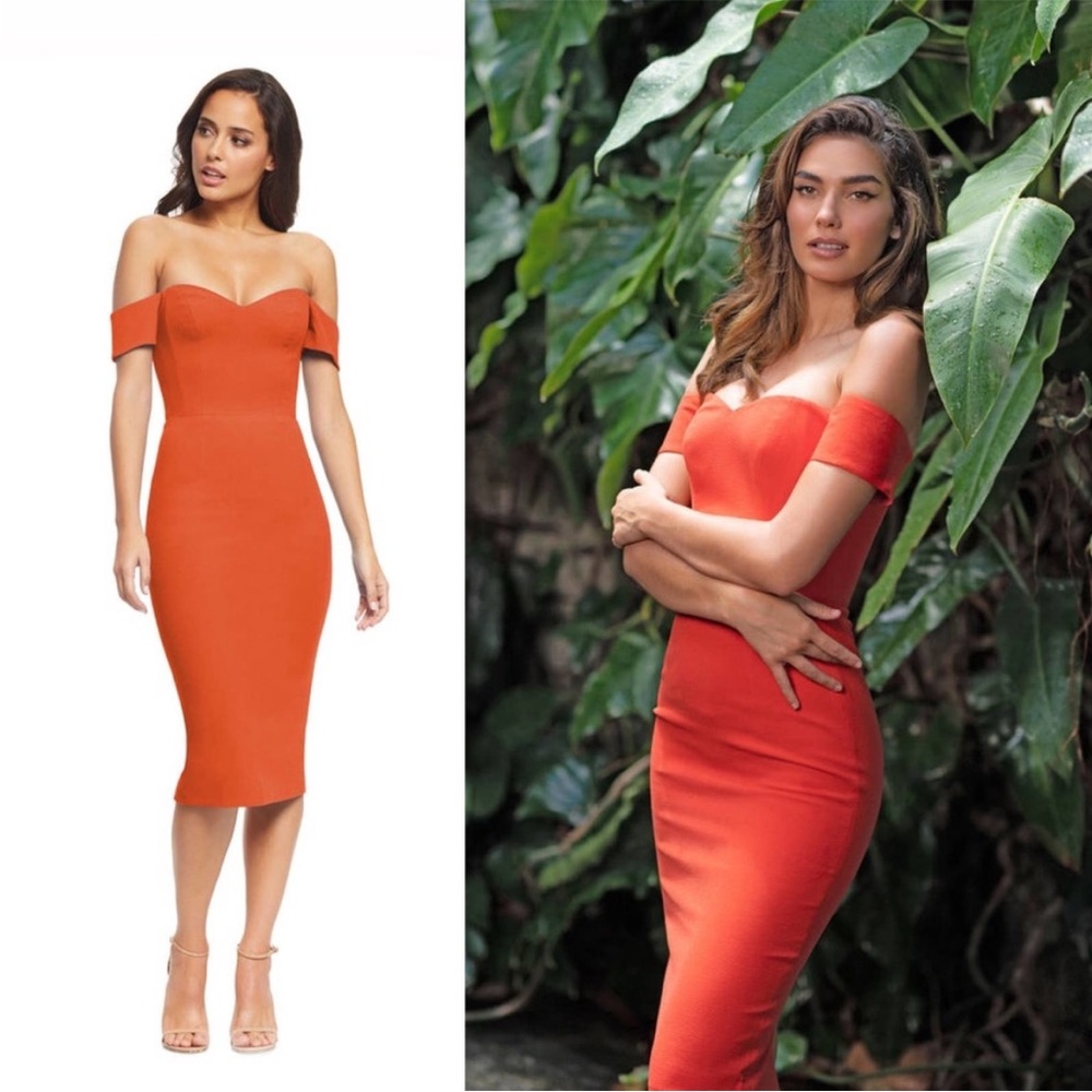 Dress the Population Orange Off-Shoulder Midi Dress